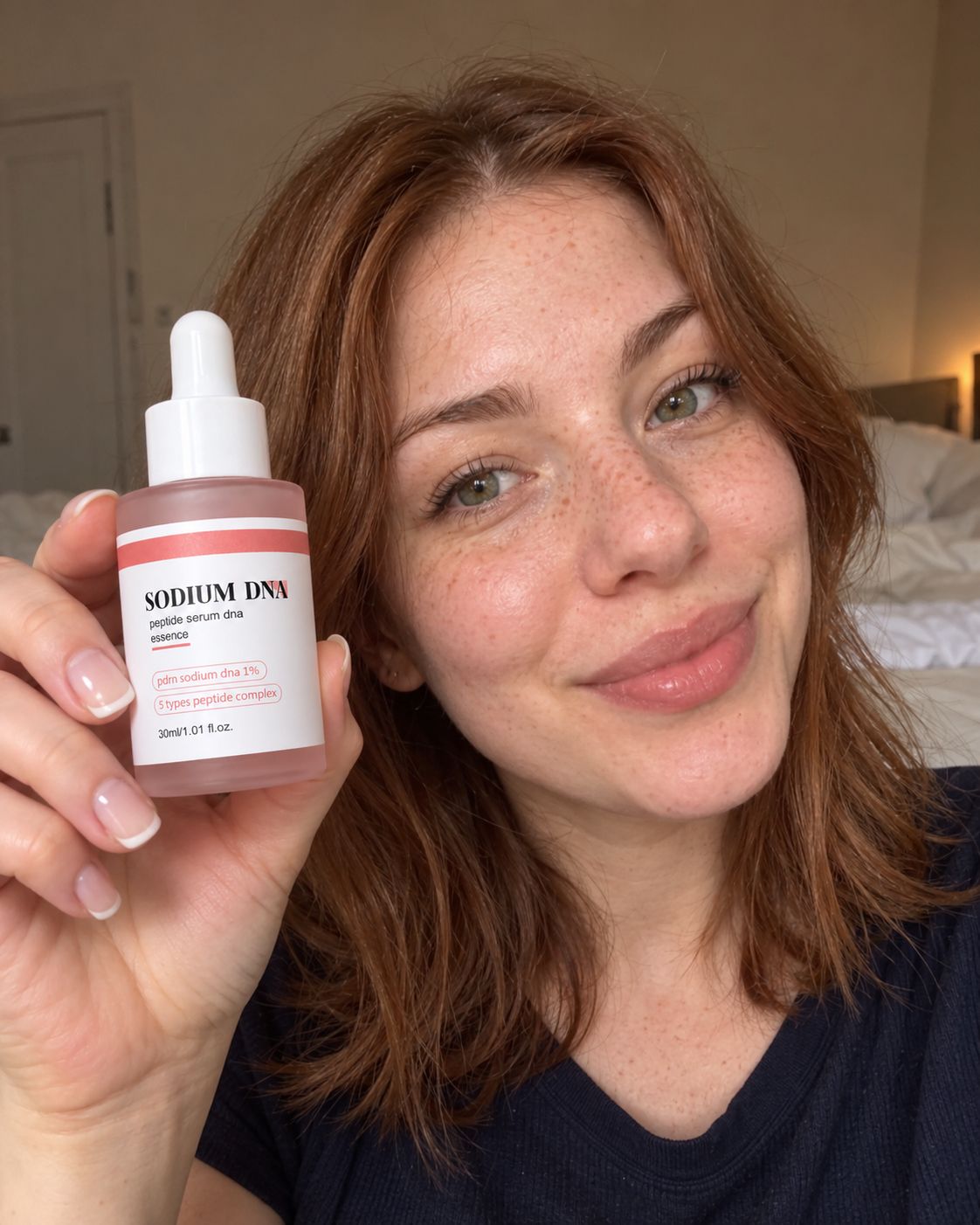 Woman holding Salmora serum beside her face