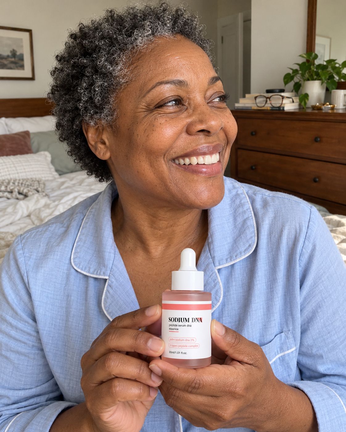 Smiling woman holding Salmora serum at chest level