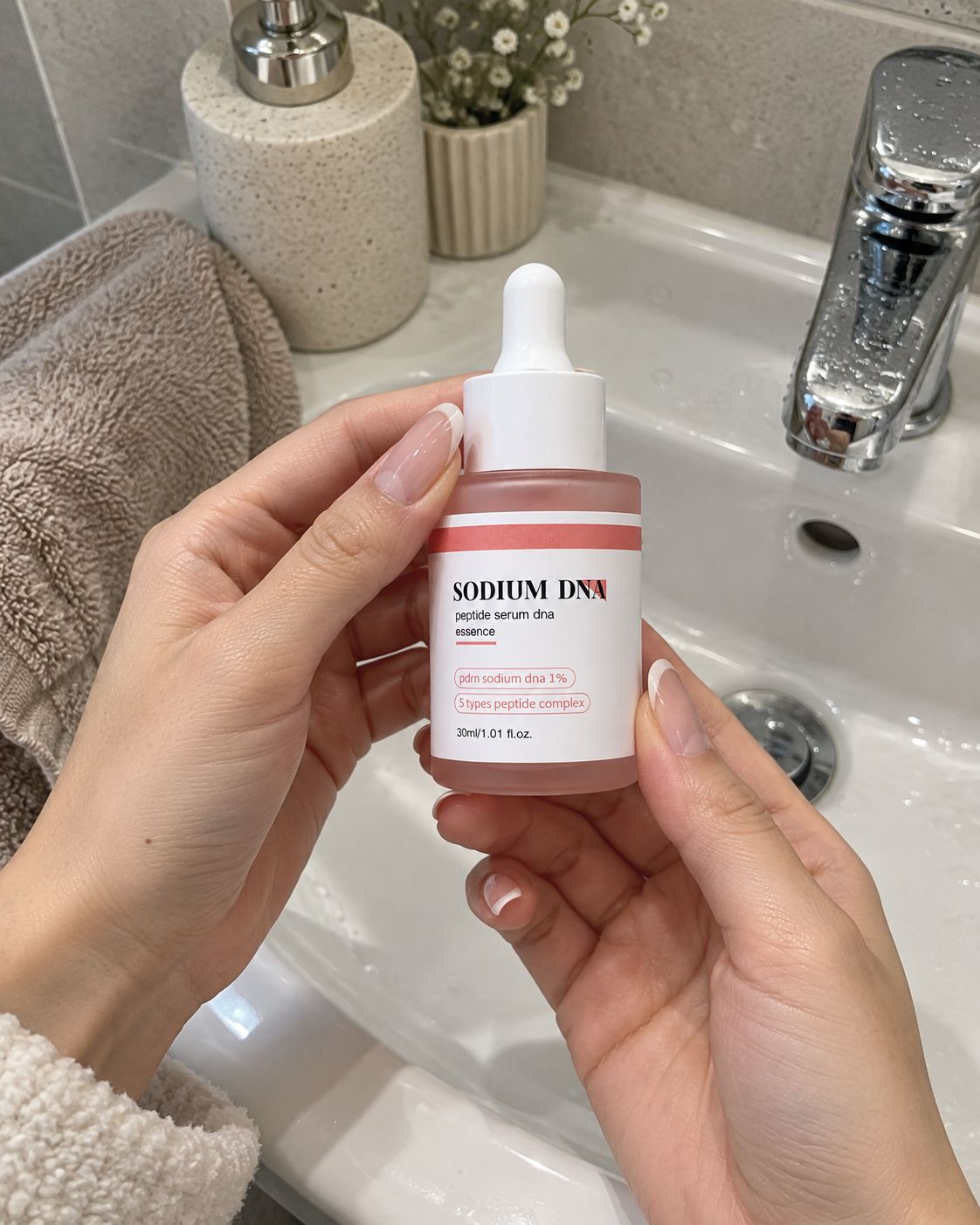 Hands holding Salmora serum in a skincare routine