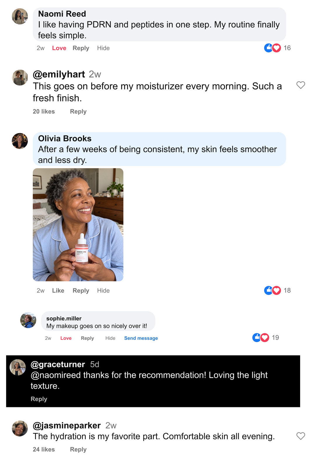 Salmora Facebook and Instagram comment collage. Naomi Reed: I like having PDRN and peptides in one step. My routine finally feels simple. @emilyhart: This goes on before my moisturizer every morning. Such a fresh finish. Olivia Brooks: After a few weeks of being consistent, my skin feels smoother and less dry. sophie.miller: My makeup goes on so nicely over it! @graceturner: @naomireed thanks for the recommendation! Loving the light texture. @jasmineparker: The hydration is my favorite part. Comfortable skin all evening.