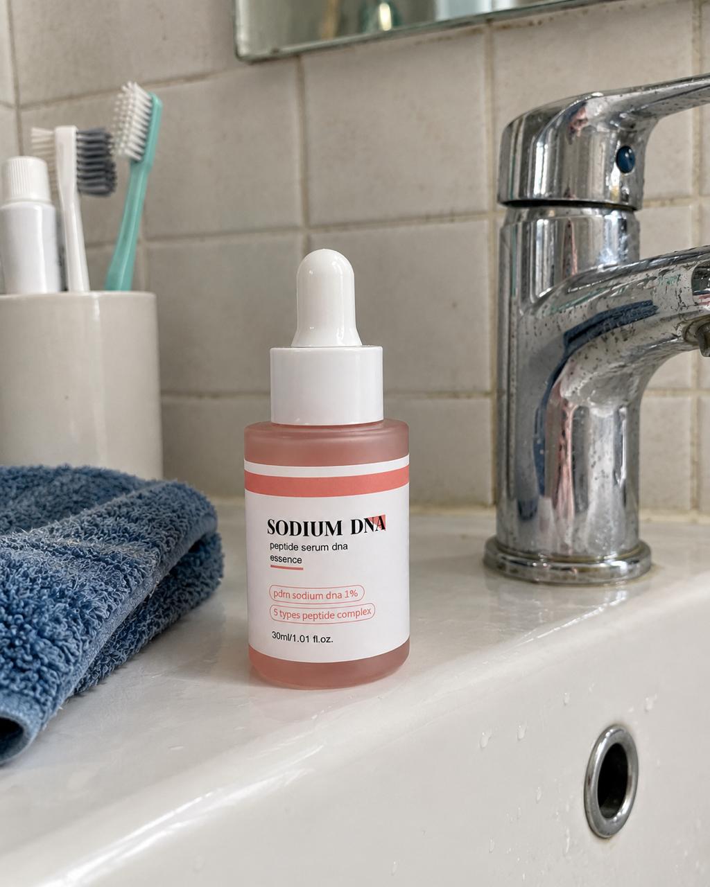 Salmora serum on a bathroom counter