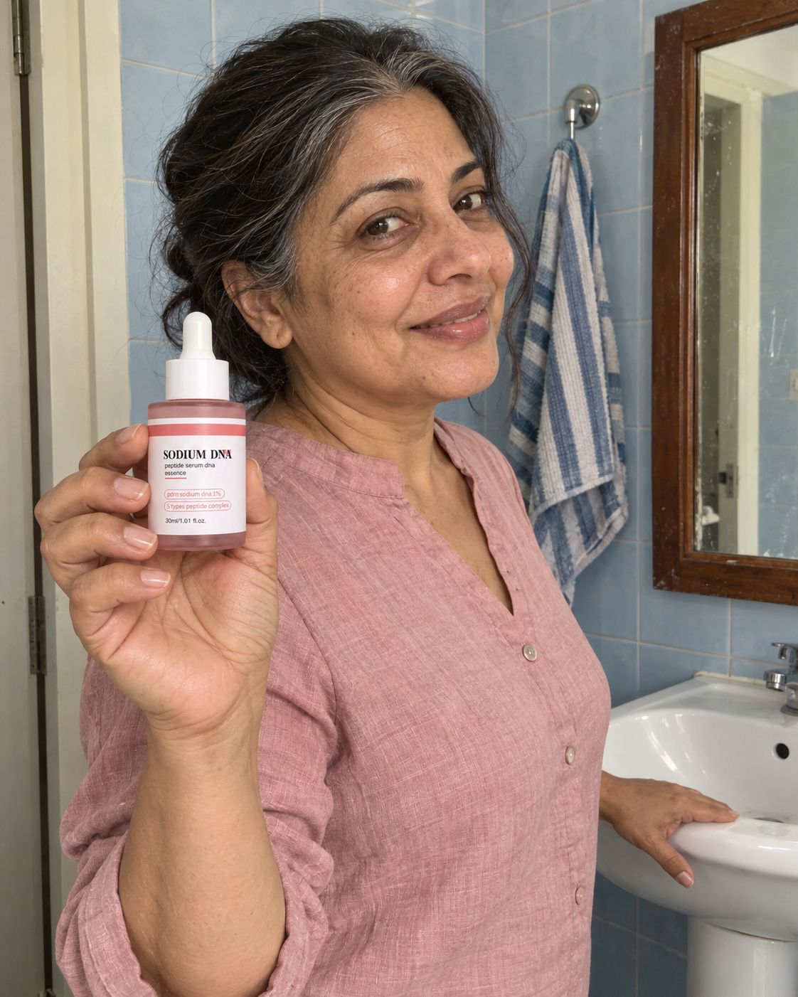 Woman standing with Salmora serum in her bathroom