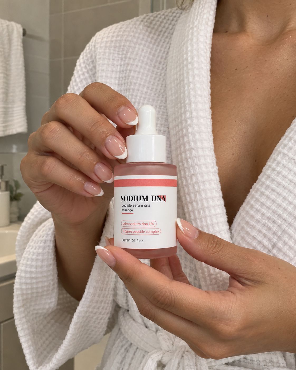 Close-up of hands holding Salmora serum